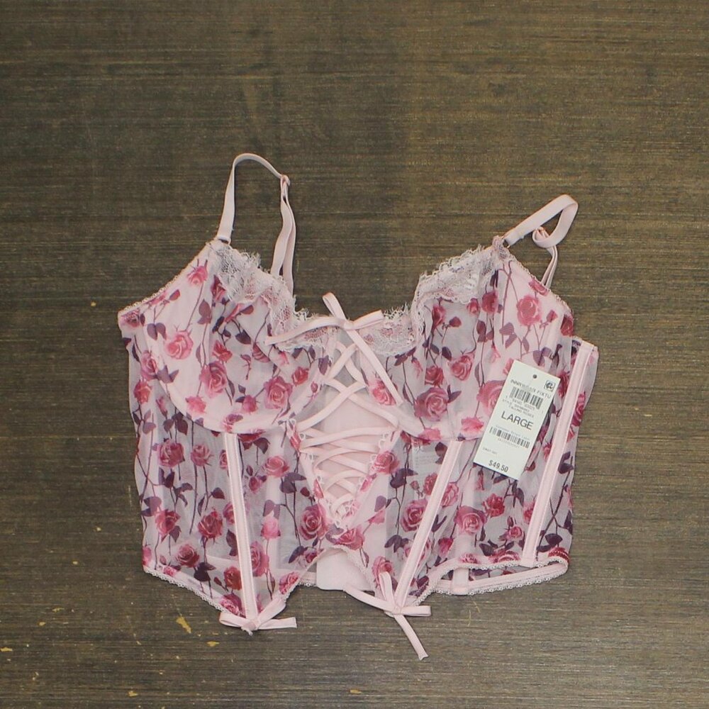 NWT INC International Concepts Printed Bustier Corset Falling Roses Pink L